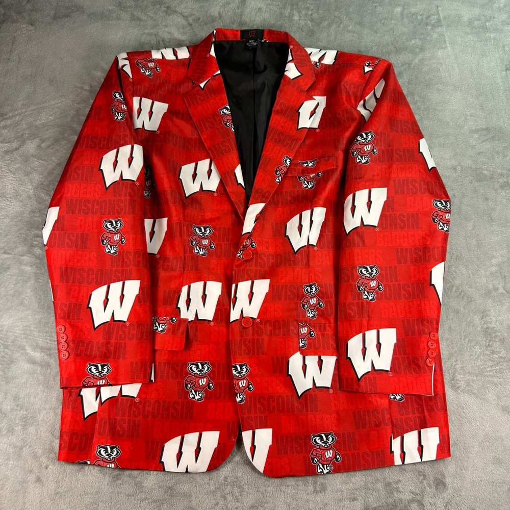 Wisconsin Badgers NCAA Blazer Mens XXL Red Bucky Badger All Over Print Suit Coat